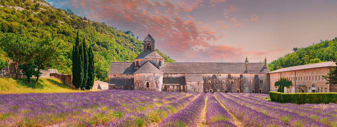 Notre-dame De Senanque Abbey, Vaucluse, France. Beautiful Landscape Lavender Field And An Ancient Monastery Abbaye Notre-dame De Senanque. Elevated View, Panorama. Altered Sunset Sky.