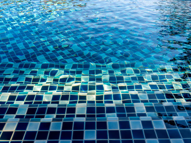 istock Swimming pool steps with clear water surface background, nobody. Abstract pool texture, underwater pattern blue background with grid tiles, no people. Overhead view. Summer background. 1368911019