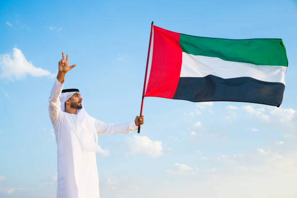 istock Arabic man with emirates flag in the desert 1368913280