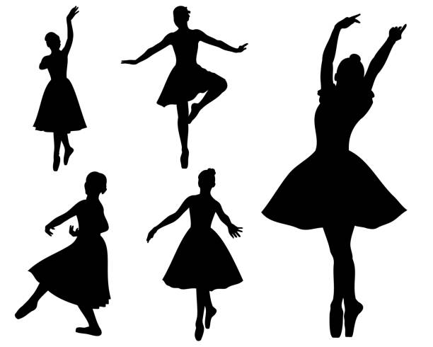 illustrazioni stock, clip art, cartoni animati e icone di tendenza di ballerina in diverse pose e posizioni, set di sagome vettoriali. - ballerino in punta di piedi