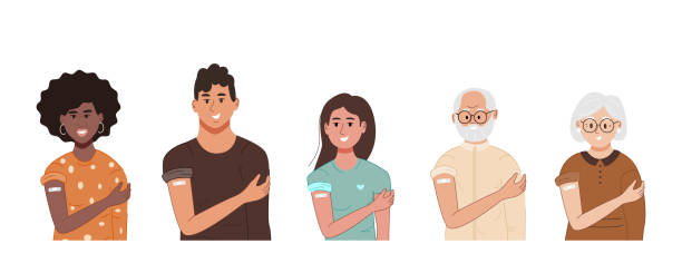 Group of elderly and young people showing shoulder with bandage after vaccination Smiling diverse people after coronavirus vaccine injection. Group of elderly and young women and men showing their shoulder with bandage after vaccination. Flat vector illustration isolated on white background bandage arm stock illustrations