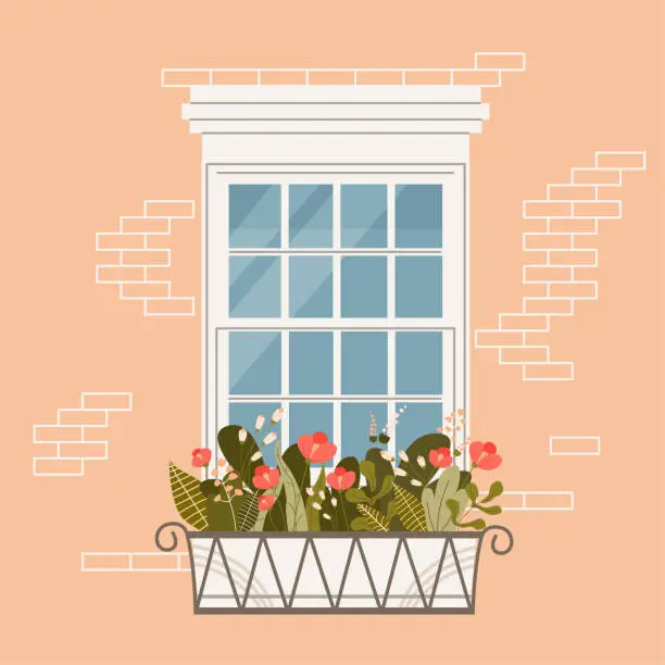 Vector illustration of Window decorated with flowers and greenery