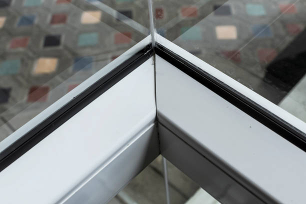 istock Corner joint of a window pvc frame with a rubber gasket or seal. Shot from inside. 1368918772