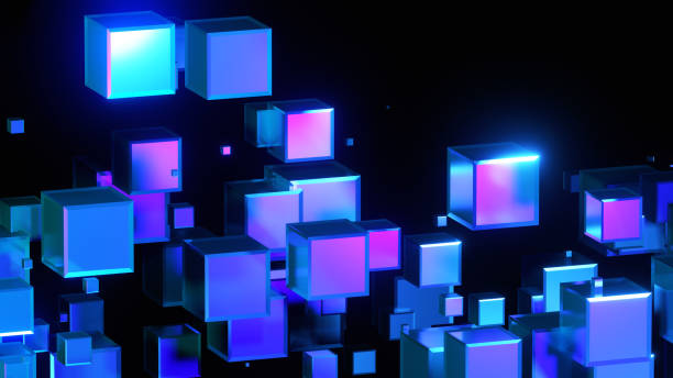 istock Abstract background 3D, many cubes with neon purple blue glow on black 1368919079