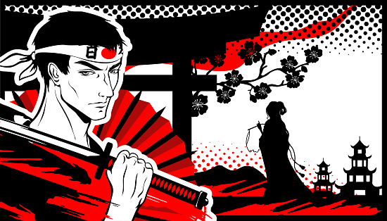 Samurai man with a katana and a girl on the background of pagodas and sakura flowers in the style of manga and anime. Vector image.