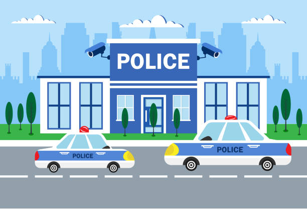 bildbanksillustrationer, clip art samt tecknat material och ikoner med city police station on urban background - polisstation