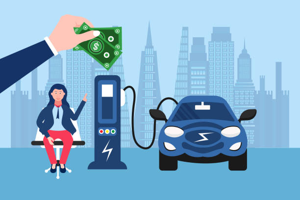 Electric car charging at the charger station saving money to driver Vector of an electric car charging at the charger station saving money to driver phone charging station icon stock illustrations