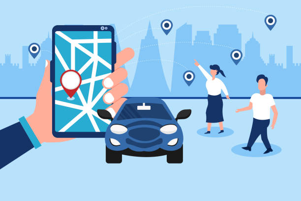 Online Car Sharing Service Remote Controlled Via Smartphone App City Transportation Vector illustration of autonomous online car sharing service controlled via smartphone app. Phone with location mark and smart car with modern city skyline Hybrid Apps stock illustrations