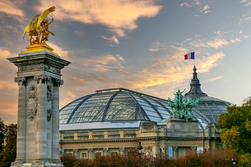 View of Grand Palais in Paris, France, from bridge Alexandre III with details in afternoon light.