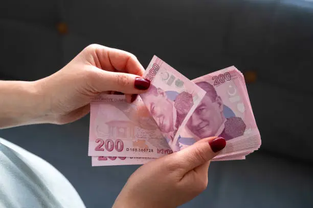 Close Up 200 Turkish Lira Banknotes On Hand