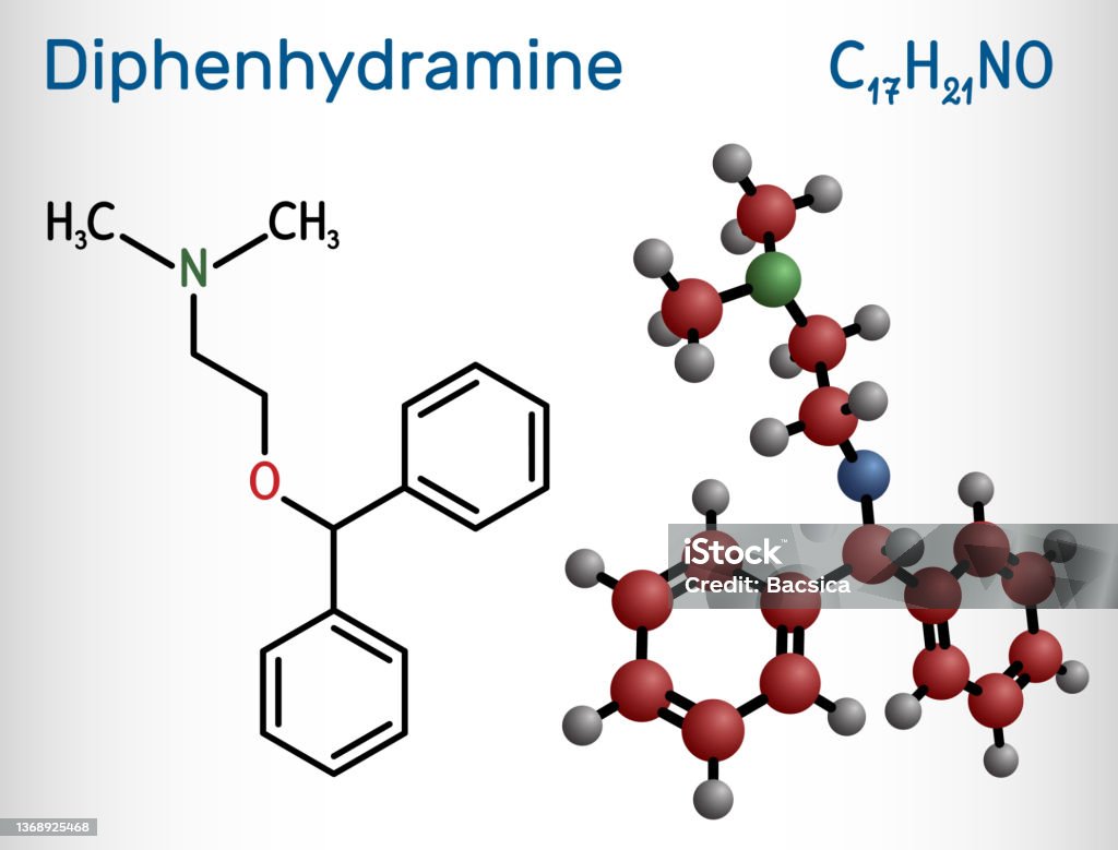 ジフェンヒドラミン分子季節性アレルギーの治療に使用されるh1受容体抗ヒスタミン薬です構造化学式と分子モデル くしゃみのベクターアート素材や