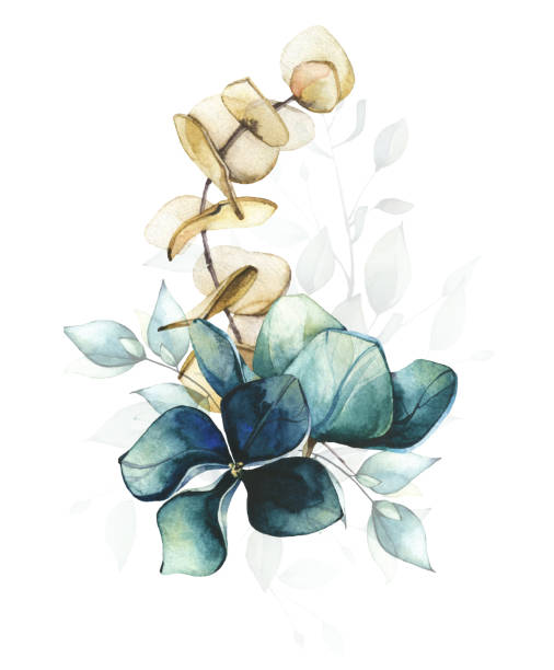 istock Bouquet with eucalyptus branch and blue hydrangea flowers. Watercolor painted floral arrangement bunch. 1368925633