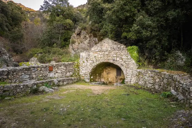 Funtana Bona, an ancient stone water fountain at Lama in the Balagne region of Corsica