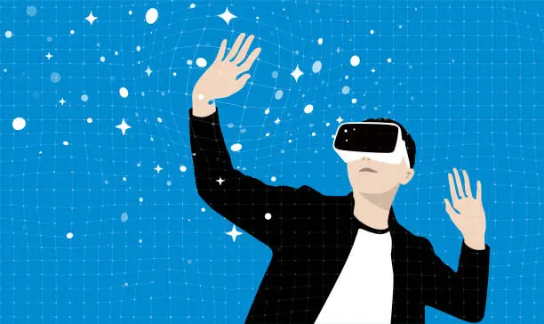 Vector illustration of Man wearing VR Virtual Reality Headset with Interface, looking up, hands up, Future technology concept.