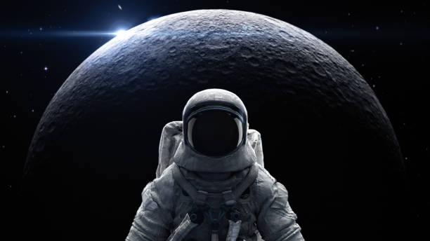 astronauten in der weltraumsuite stehen vor monderuption und himmel in der galaxie mit 3d-rendering. - space helmet stock-fotos und bilder