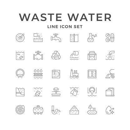 Set line icons of waste water isolated on white. Discharge, sewerage hole, sewage treatment plant, chemical analysis, wastewater storage tank. Vector illustration