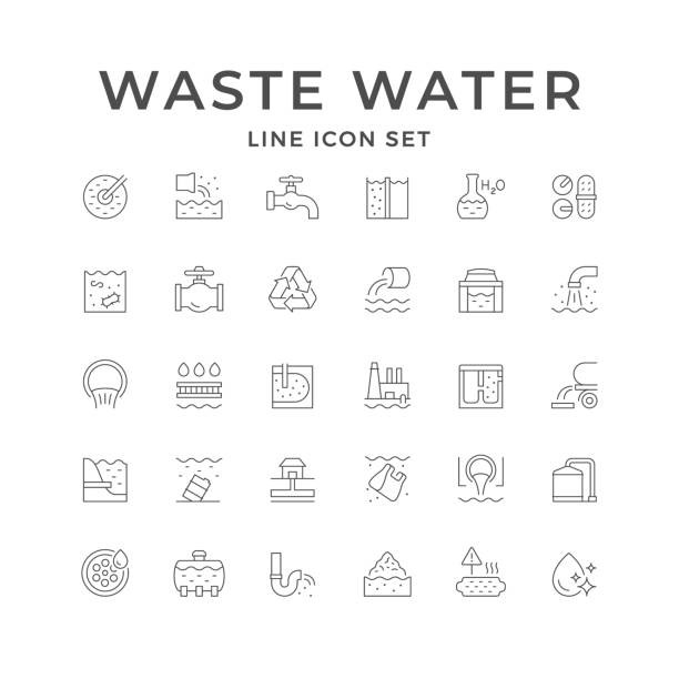 Set line icons of waste water Set line icons of waste water isolated on white. Discharge, sewerage hole, sewage treatment plant, chemical analysis, wastewater storage tank. Vector illustration water icons stock illustrations