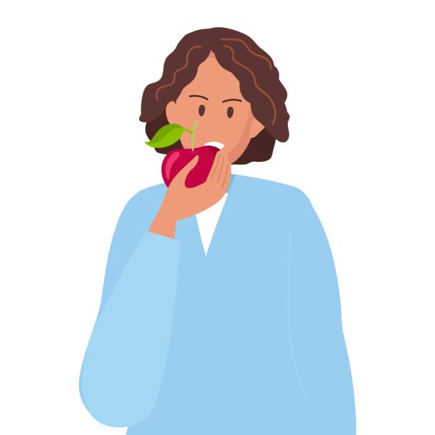 młoda dziewczyna zamierza odgryźć świeże dojrzałe jabłko. kobieta postać z kreskówki gryząca jabłko. zdrowy styl życia, diety odchudzające, zdrowa żywność, wegetariańska. kolorowa płaska ilustracja wektorowa izolowana na białym tle - vegeterian food stock illustrations