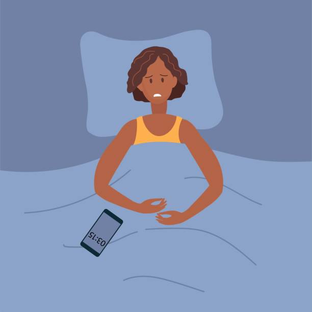 istock Sad woman lying in bed with eyes open at night. Woman cannot sleep. Insomnia and tired, sleeplessness and thinking. Character who cant sleep, depressed person. Vector illustration in Flat style. 1368929278