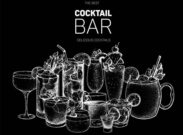 Alcoholic cocktail sketch. Hand drawn vector illustration. Hand drawn drinks illustration. Cocktails set. Menu design elements. Alcoholic cocktail sketch. Hand drawn vector illustration. Hand drawn drinks illustration. Cocktails set. Menu design elements. Gin stock illustrations