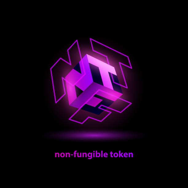 Neon purple NFT text icon. NFT Abbreviation on the faces of a 3D cube with laser projection. Neon purple NFT text icon. NFT Abbreviation on the faces of a 3D cube with laser projection gallery opening stock illustrations