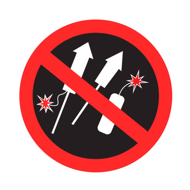 pyrotechnic objects is prohibited dark sticker Pyrotechnic objects is prohibited sign symbol dark sticker isolated on transparent background. No fireworks icon label template firework explosive material illustrations stock illustrations