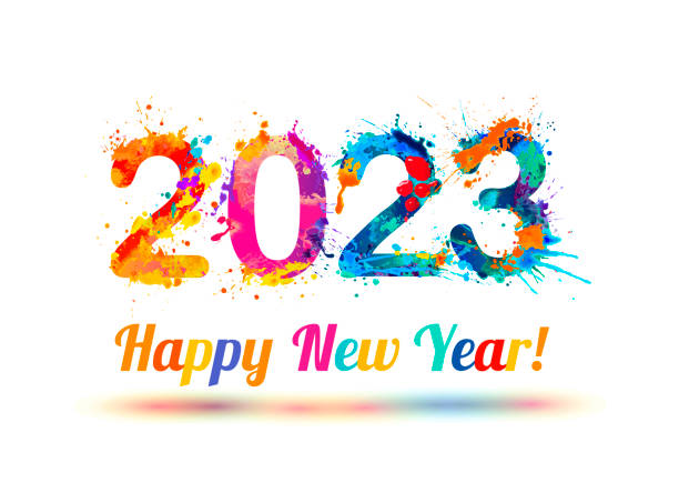 ilustraciones, im�ágenes clip art, dibujos animados e iconos de stock de tarjeta de felicitación. feliz año nuevo 2023 - día de fin de año