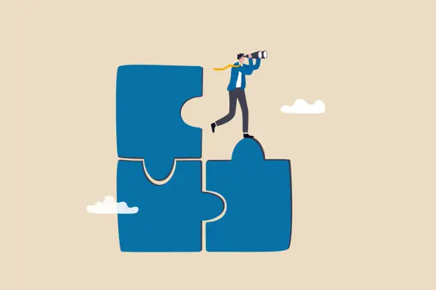 Vector illustration of Finding solution or search for last missing piece to finish or complete work, leadership mission or business difficulty concept, businessman standing on uncompleted jigsaw looking for missing piece.
