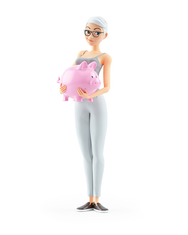3d senior woman standing with piggy bank, illustration isolated on white background