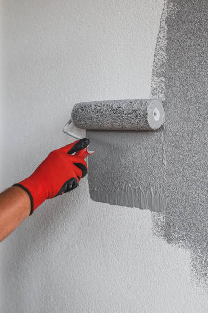 istock The painter paints the outer wall of the building with a gray paint roller 1368933297