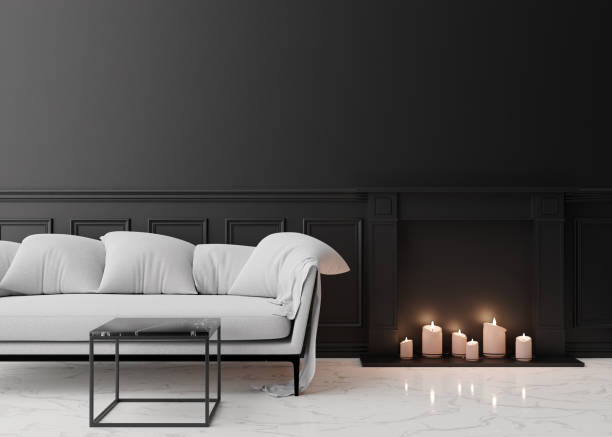 istock Empty black wall in modern living room. Mock up interior in classic style. Free space, copy space for your picture, text, or another design. Sofa, marble coffee table, fireplace. 3D rendering. 1368933631