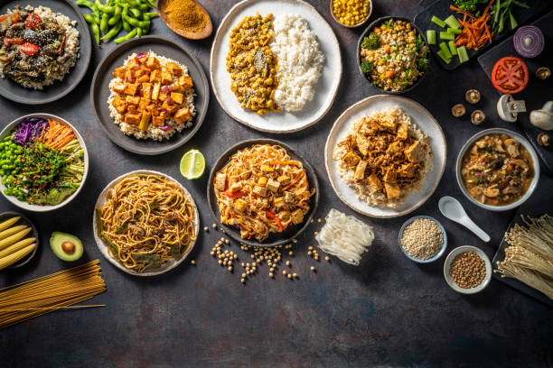 istock Vegan Asian recipes assorted brown rice, curry, masala, poke, do 1368935114