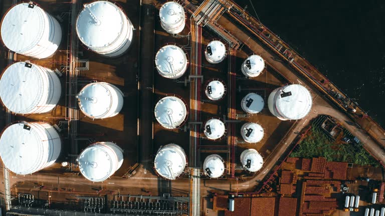 Aerial view of Chemical industry storage tank and tanker truck