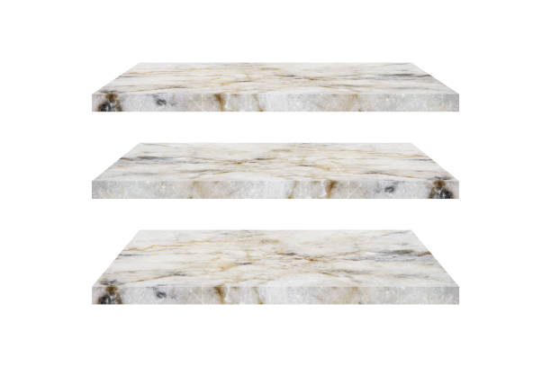 istock three perspective  marble stone shelves isolated on white background with clipping path for interior and display show products. studio room, exhibition 1368937427