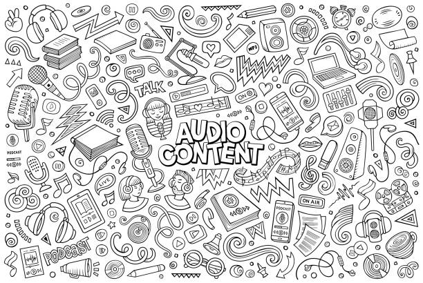 Vector set of Audio content theme objects and symbols vector art illustration