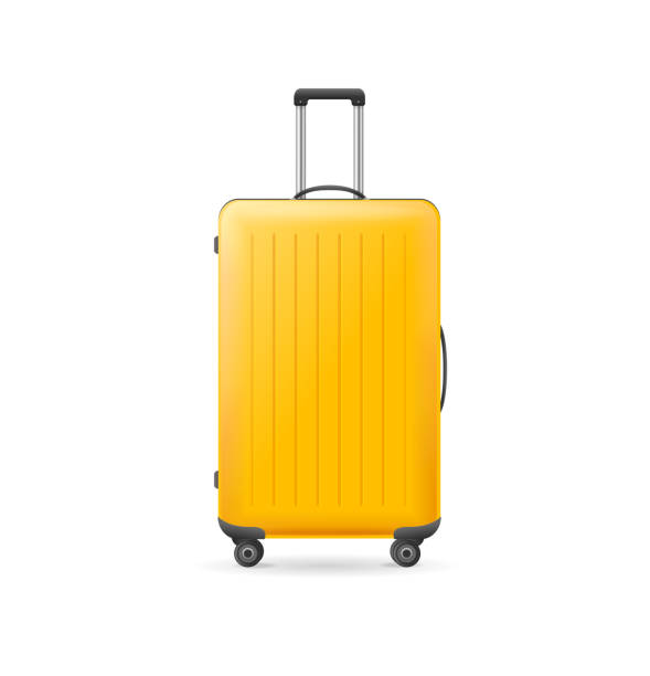 illustrations, cliparts, dessins animés et icônes de valise de voyage jaune 3d détaillée réaliste. vecteur - valise