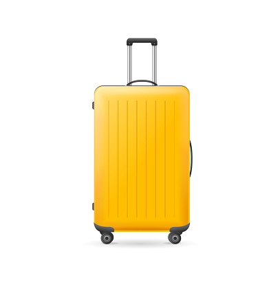 Realistic Detailed 3d Yellow Plastic Travel Suitcase with Wheels Isolated on a White Background. Vector illustration
