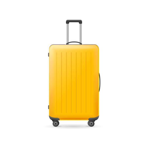 Realistic Detailed 3d Yellow Travel Suitcase. Vector Realistic Detailed 3d Yellow Plastic Travel Suitcase with Wheels Isolated on a White Background. Vector illustration suitcase stock illustrations