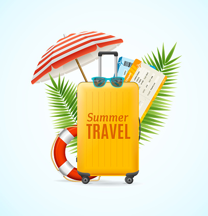 Realistic Detailed 3d Elements Summer Travel Concept Include of Suitcase, Umbrella, Ticket and Red Life Buoy. Vector illustration