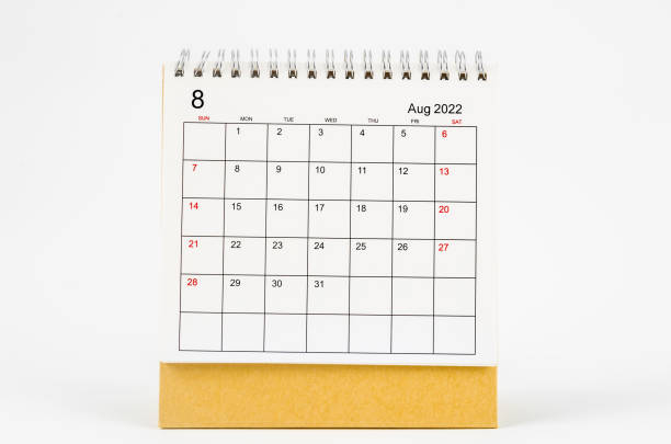 istock August 2022 desk calendar on white background. 1368941046
