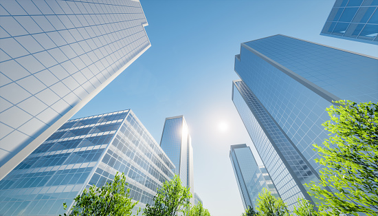 3d rendering of high building or skyscraper in city or downtown. That is real estate, property, house or residential. Include green leaf of tree, blue sky, sun and sunlight reflection on glass wall or window. Look modern for background, concept of corporate, center of business and finance. Look up and perspective view.