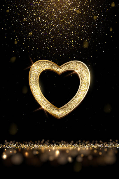 ilustrações, clipart, desenhos animados e ícones de moldura de coração de brilho dourado em fundo brilhante de luxo escuro. modelo de design feliz do dia dos namorados. fronteira festiva brilhante dourada - valentines day hearts flash