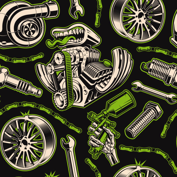 Auto parts seamless background Auto parts seamless background in graffiti style, this design can be used as wallpaper for a car service or a garage, or as a fabric print turbo stock illustrations