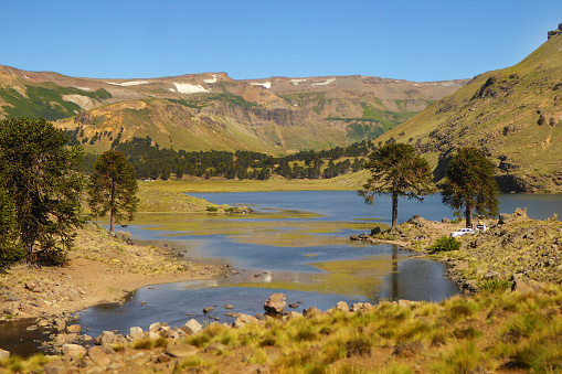 Blue and green lagoon with mountains at the back and pehuen trees in Caviahue, Neuquén, Argentina
