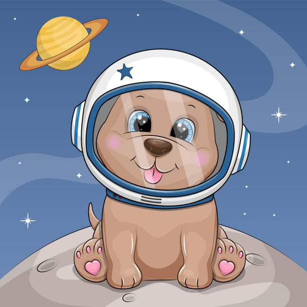 istock Cute cartoon dog astronaut sitting on the moon. 1368945371