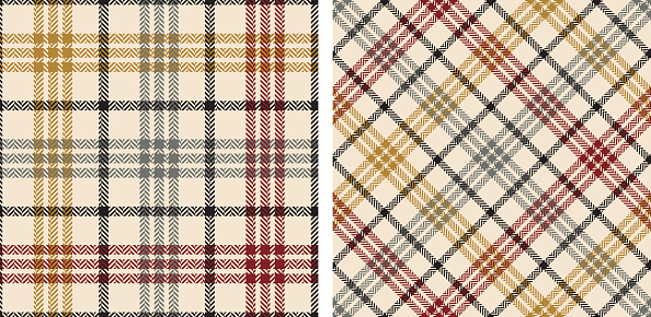 Check plaid seamless pattern set. Beige, red, gray, gold herringbone background pixel texture. Scottish cage. Vector graphics of printing on fabric, shirt, textile, curtain and tablecloth.