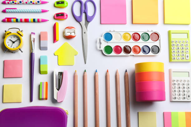 istock School stationery on white background, flat lay. Back to school 1368949017