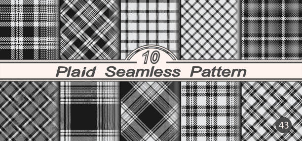 Set seamless black and white plaid pattern background. Set seamless black and white plaid pattern background. Straight and oblique scottish cage. Vector graphics of printing on fabric, shirt, textile, curtain and tablecloth. tsp stock illustrations