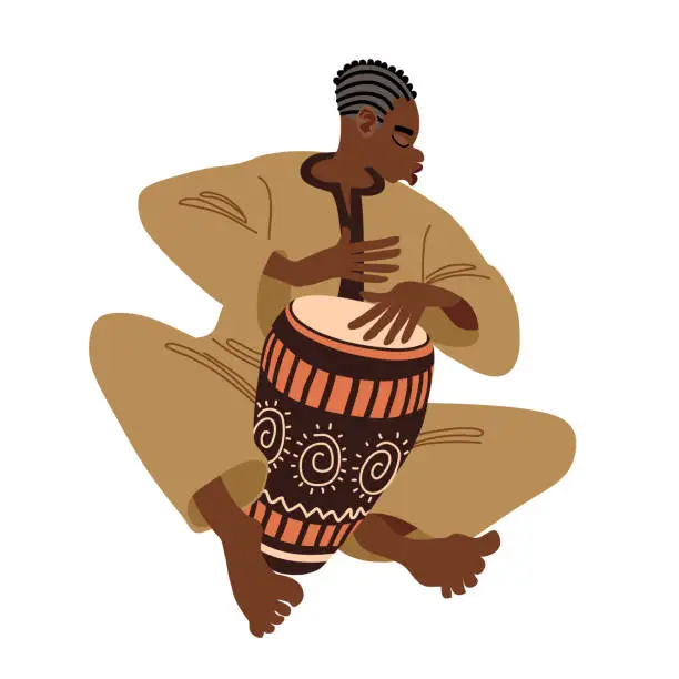 Vector illustration of A young street musician plays a rhythmic melody on a conga drum decorated with an African pattern.