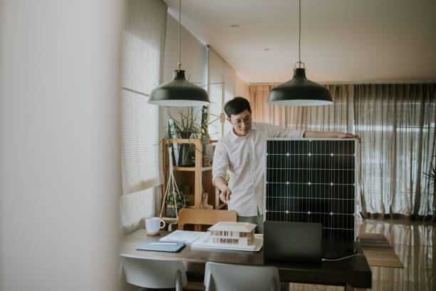 istock New normal style, online selling solar panel conference at home. 1368951211